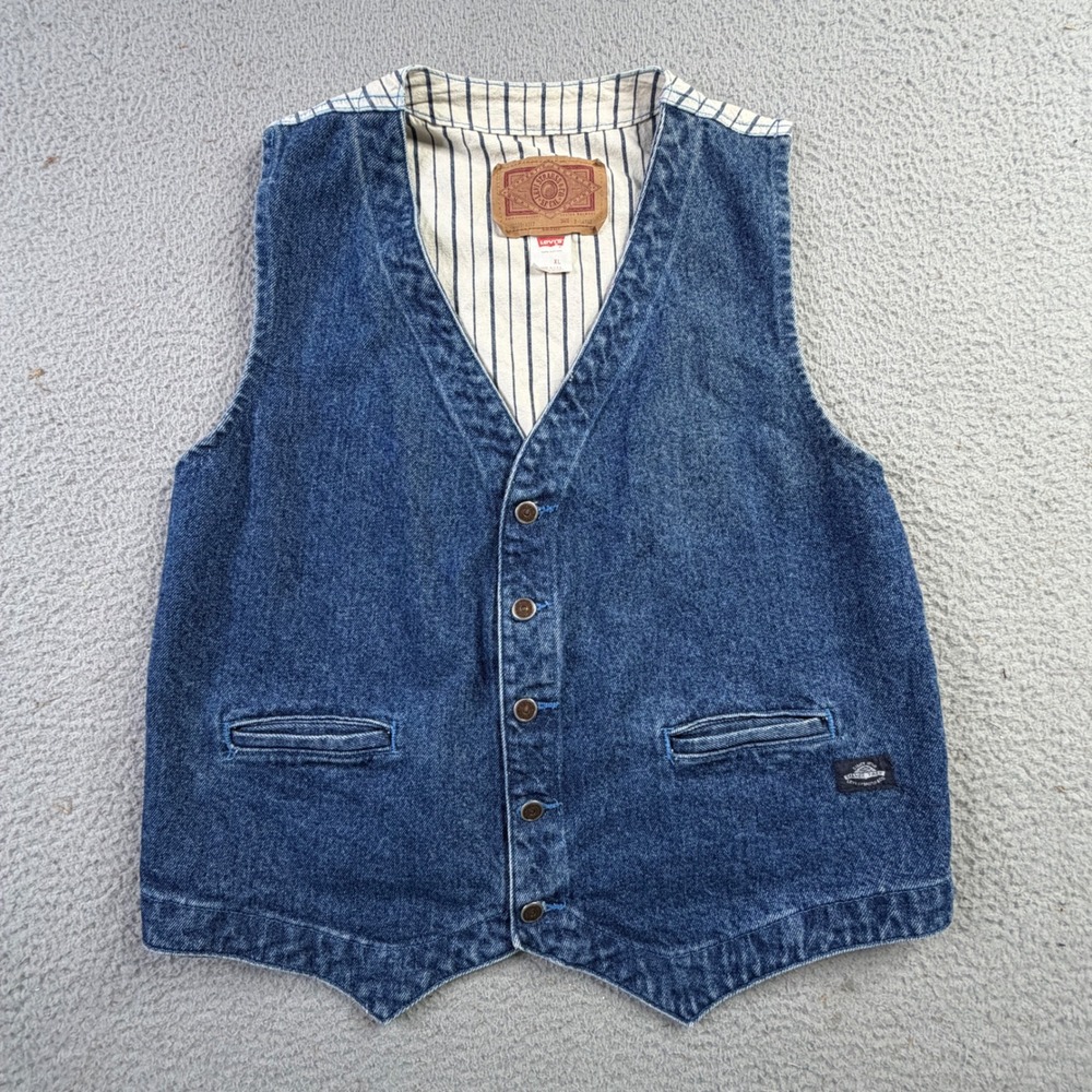 VTG 90s Levis SilverTab Mens XL Denim Vest Hickory Stripe Cinch Back Made in USA
